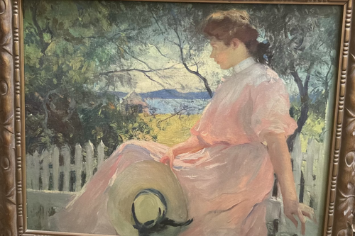 SIze is 25 x 21 inside frame. 
By American impressionist Frank Weston Benson. He was known for his paintings of American landscapes and portraits of women and children in natural settings. HIs works capture the essence of American life during the late 19th and 20th centuries.
I’ve owned this piece for over 30 years. I acquired it with my late wife. I have several pieces like this. It appears to me to be oil on Canvas with the signature of Benson.  The paint is definitely seasoned with oil cracks.